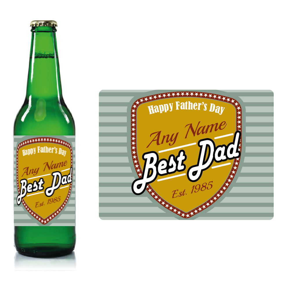 Personalised Fathers day beer bottle label Pale Blue - Stripes and Shield Image 1