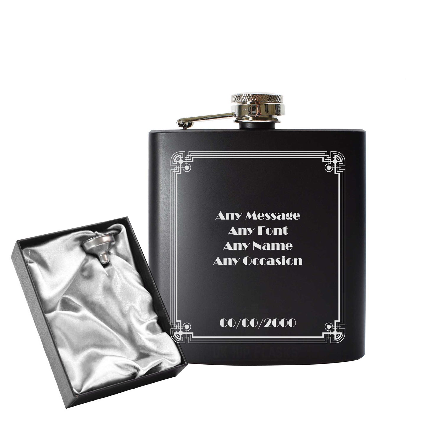 Engraved 6oz Black Hip flask with Formal border Image 1