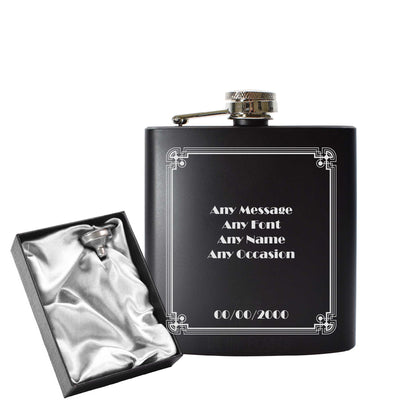 Engraved 6oz Black Hip flask with Formal border Image 2