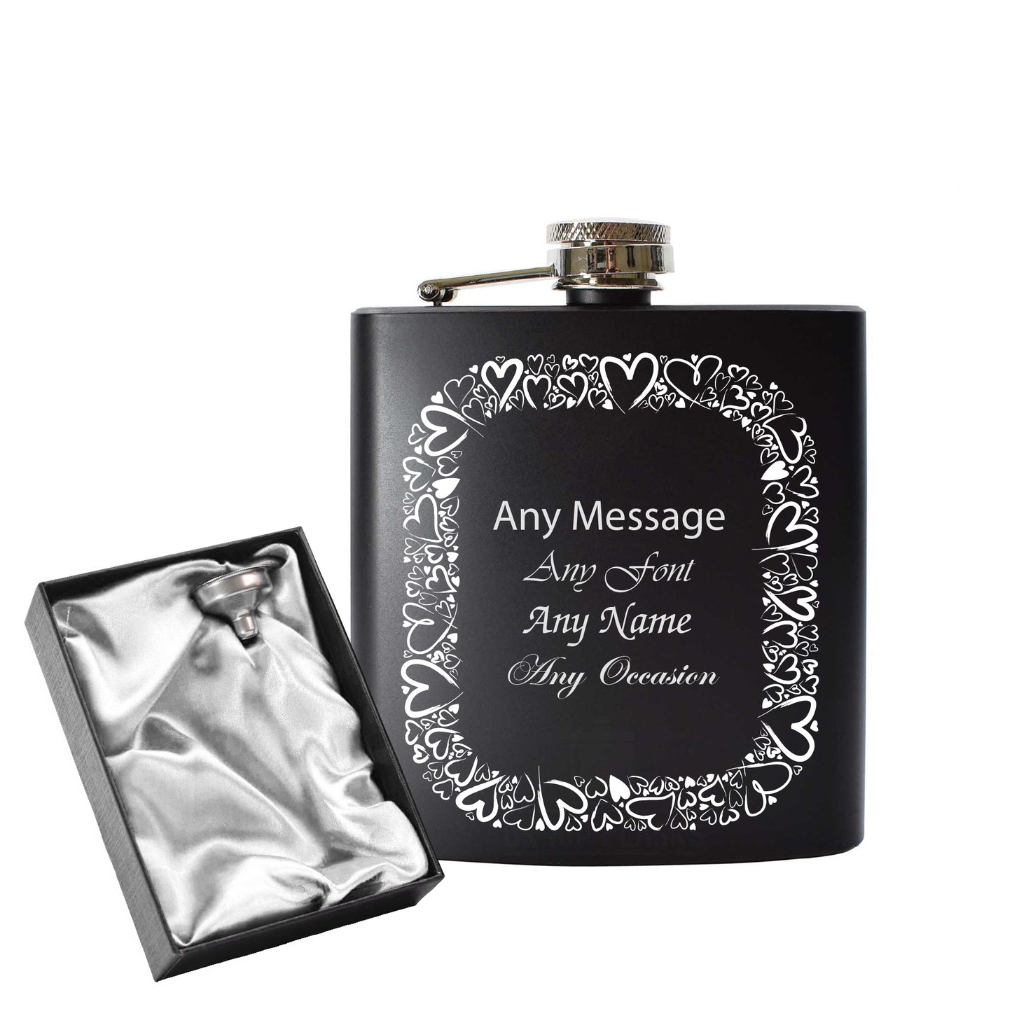 Engraved 6oz Black Hip flask with Heart border Image 2