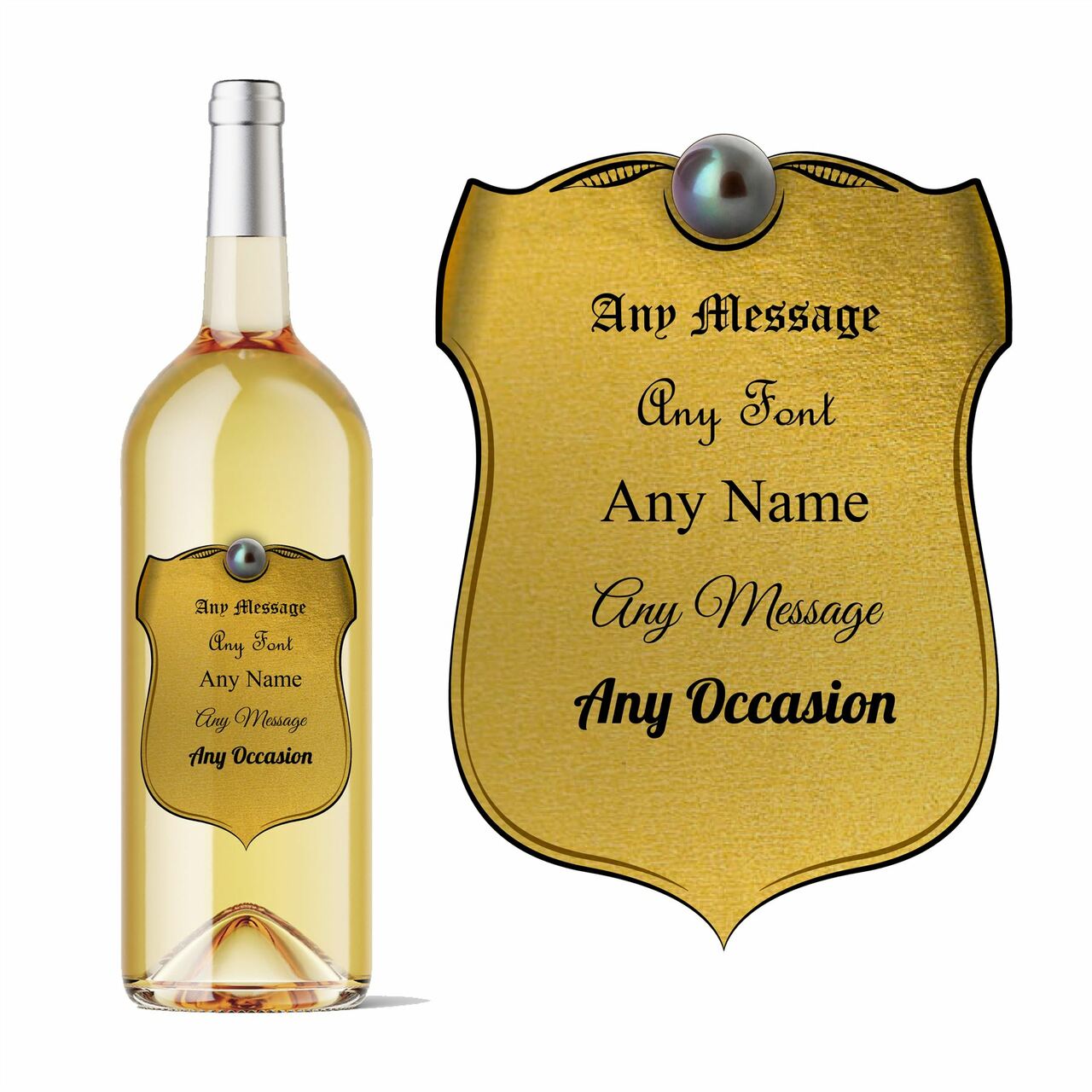 Personalised shield wine bottle label gold in colour, Add any message. Image 2