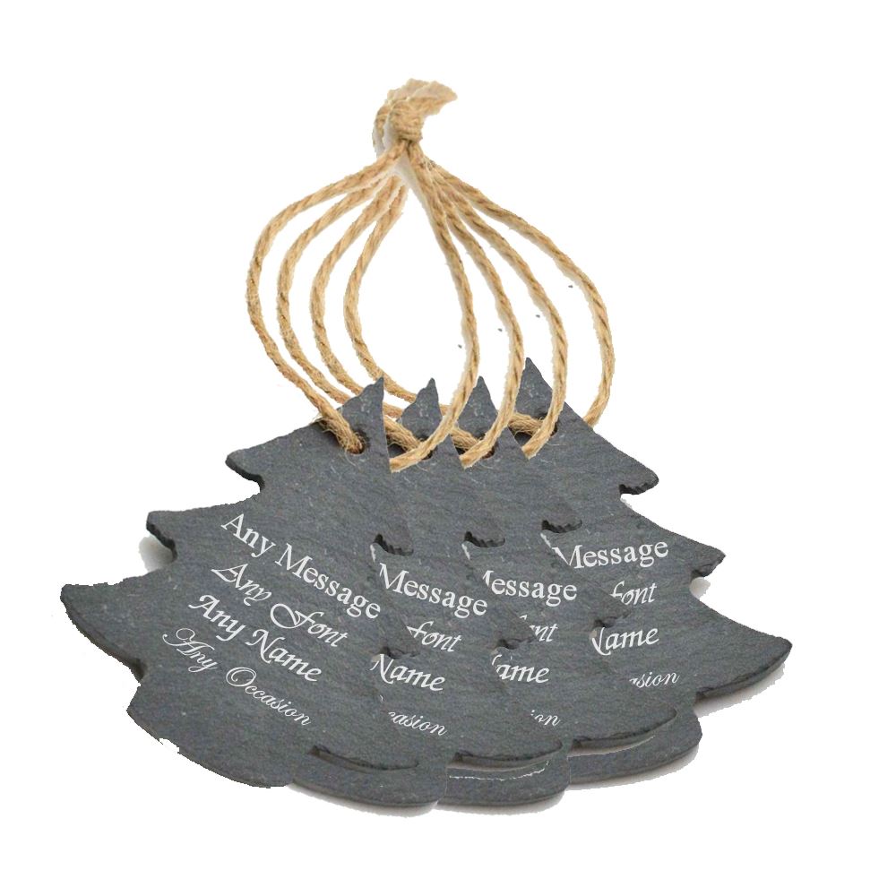 Engraved Set of 4 Christmas Tree Hanging Slate Decorations Image 2