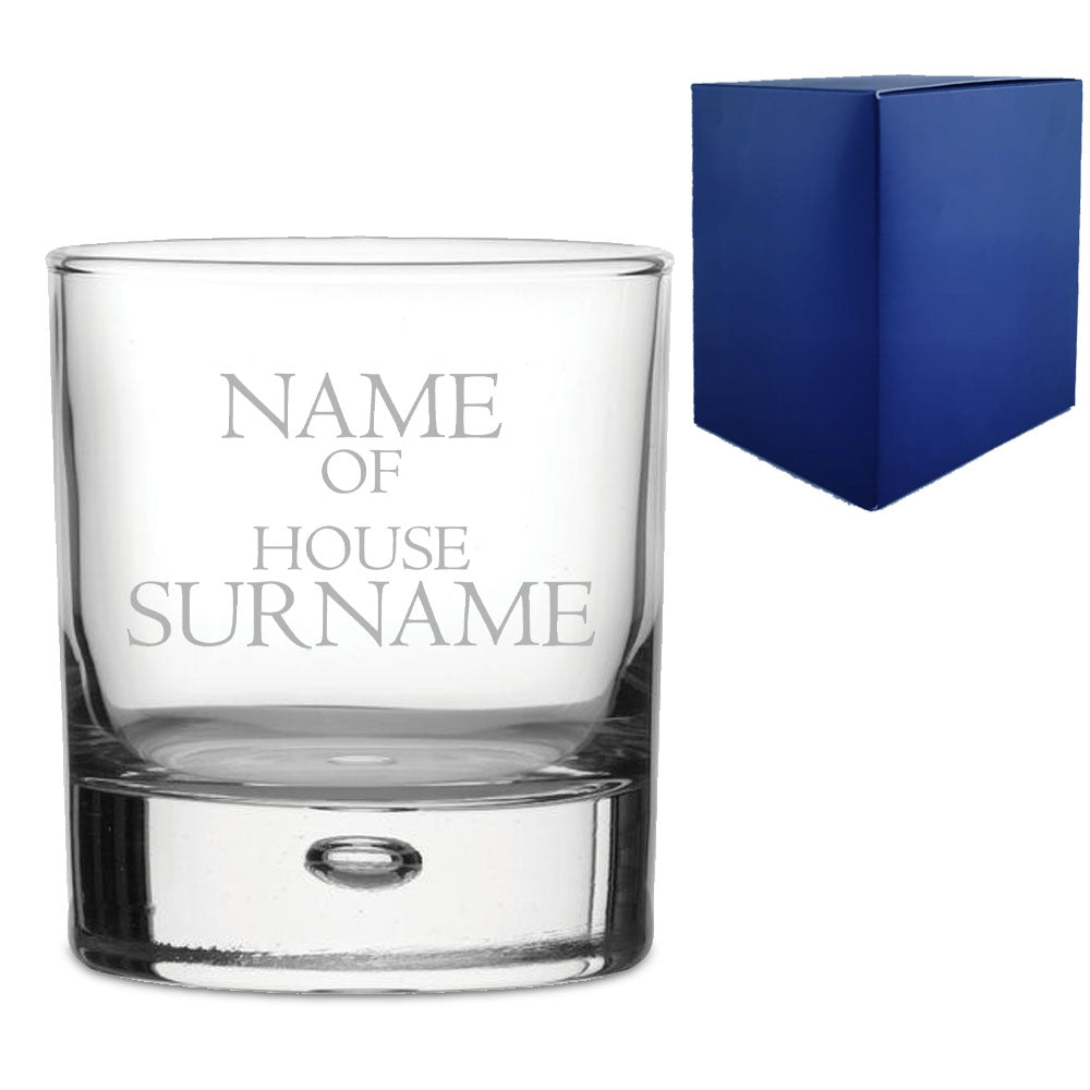 Engraved "Name of House Surname" Novelty Whisky Tumbler With Gift Box Image 2