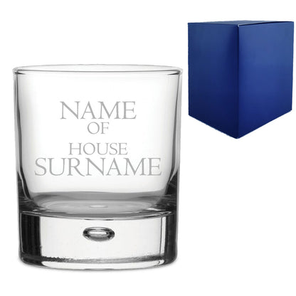 Engraved "Name of House Surname" Novelty Whisky Tumbler With Gift Box Image 2