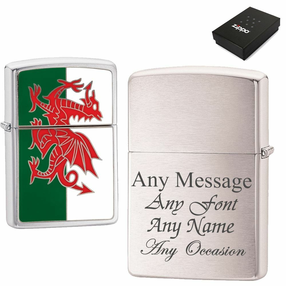 Engraved Brushed Chrome Welsh Zippo, Official Zippo lighter Image 1