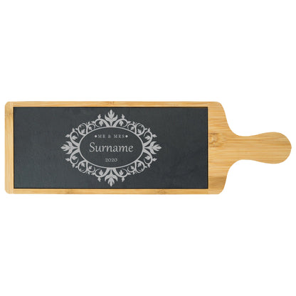 Engraved Bamboo and Slate Cheeseboard with Mr and Mrs Design Image 2