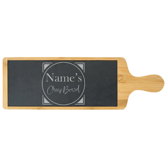 Engraved Bamboo and Slate Cheeseboard with Name's Cheeseboard with Circle Design Image 1