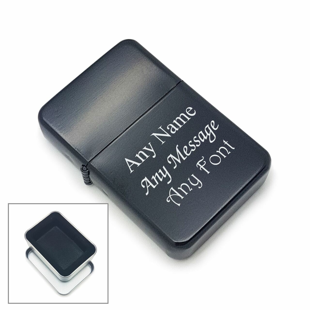 Engraved Black Lighter, Metal Tin Gift Box Image 1