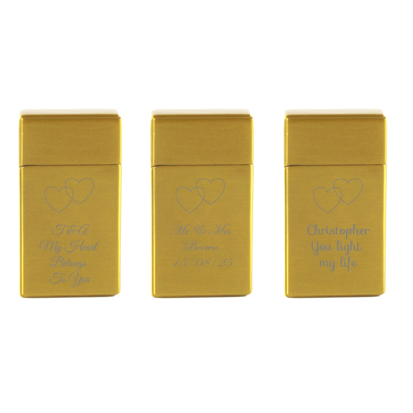 Engraved Jet Gas Lighter Gold Overlapping Hearts Gift Boxed Image 4