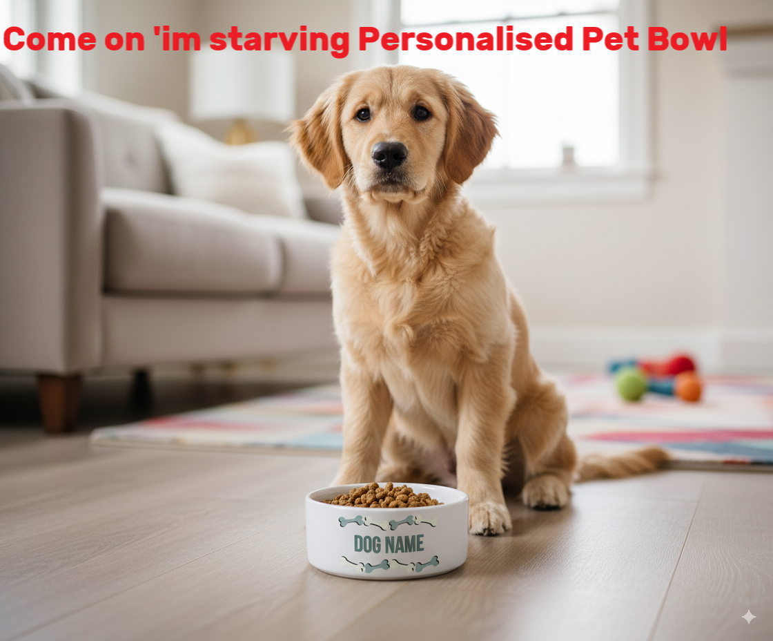 Dog sitting next to a personalised  name pet bowl, with text 'Come on i'm starving  with bone design 