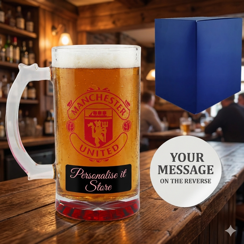 Engraved Official Manchester United 20oz Beer Mug, Gift Boxed