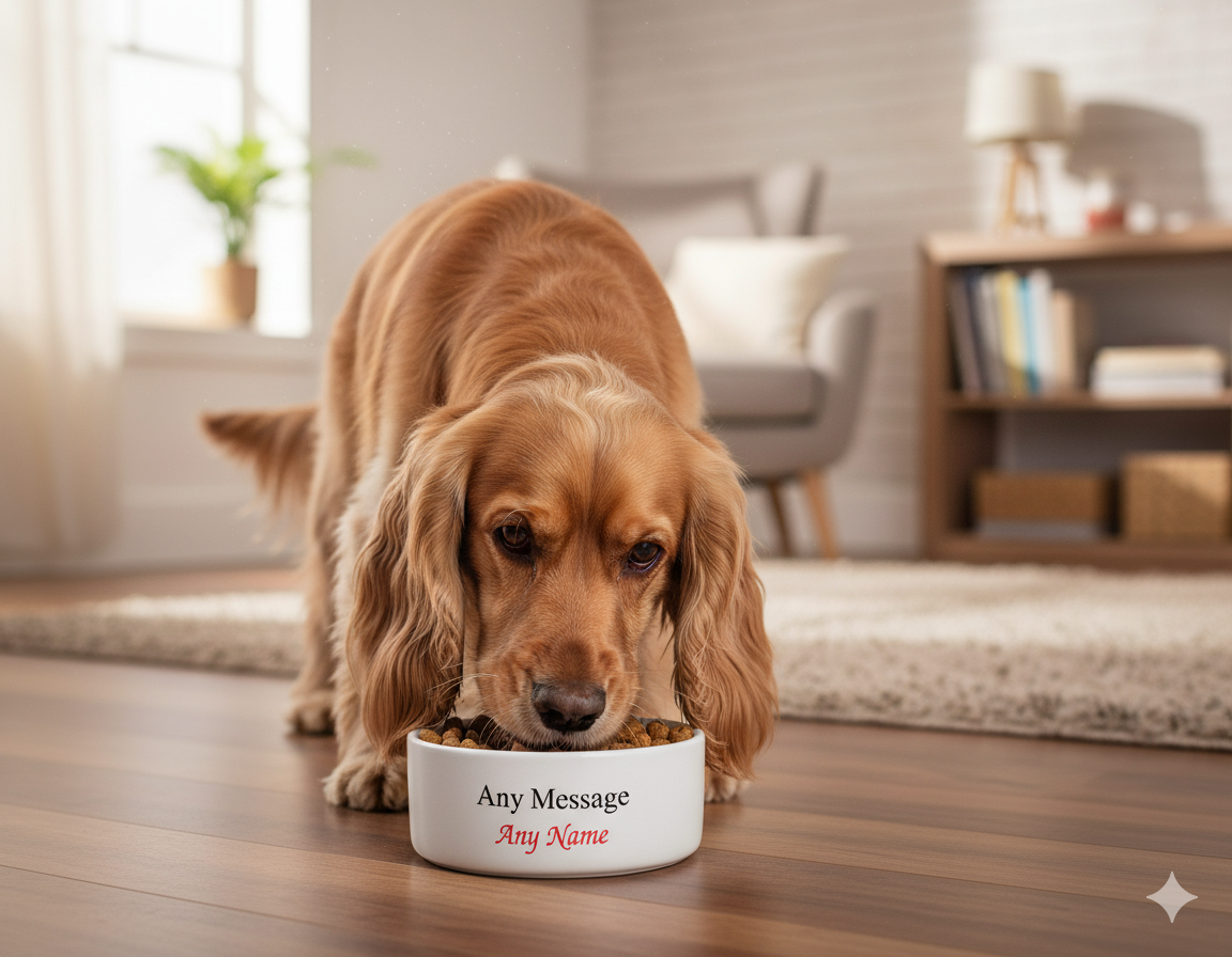 Spaniel dog eating from personalised name dog bowl