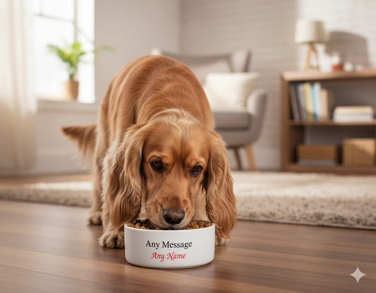 Spaniel dog eating from personalised name dog bowl