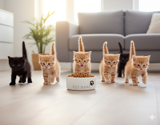 Five kittens around a  personalised name white bowl with paw print design.   in a living room.