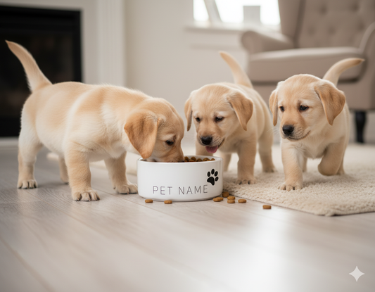 Four puppies eating from a bowl with 'PET NAME' and paws on it in a home setting.