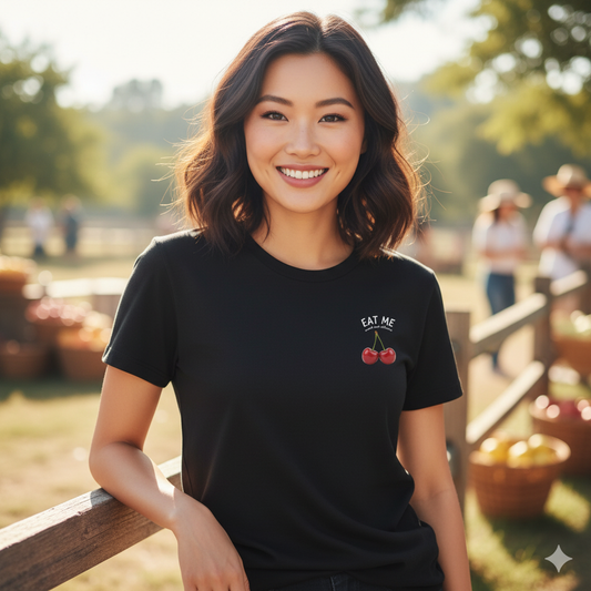 Woman wearing a black t-shirt with eat me sweet and delicious cherry design, standing outdoors.