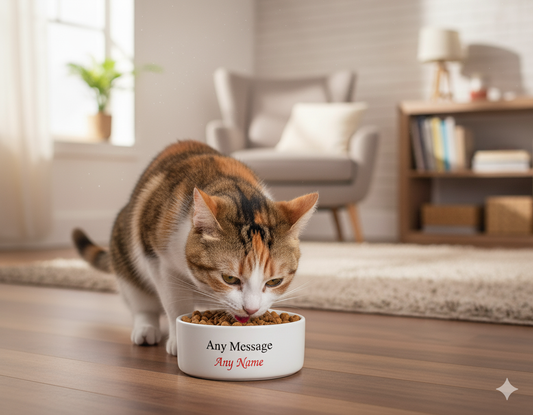 Cat eating from a bowl with name and message customisable text in a cozy living room.