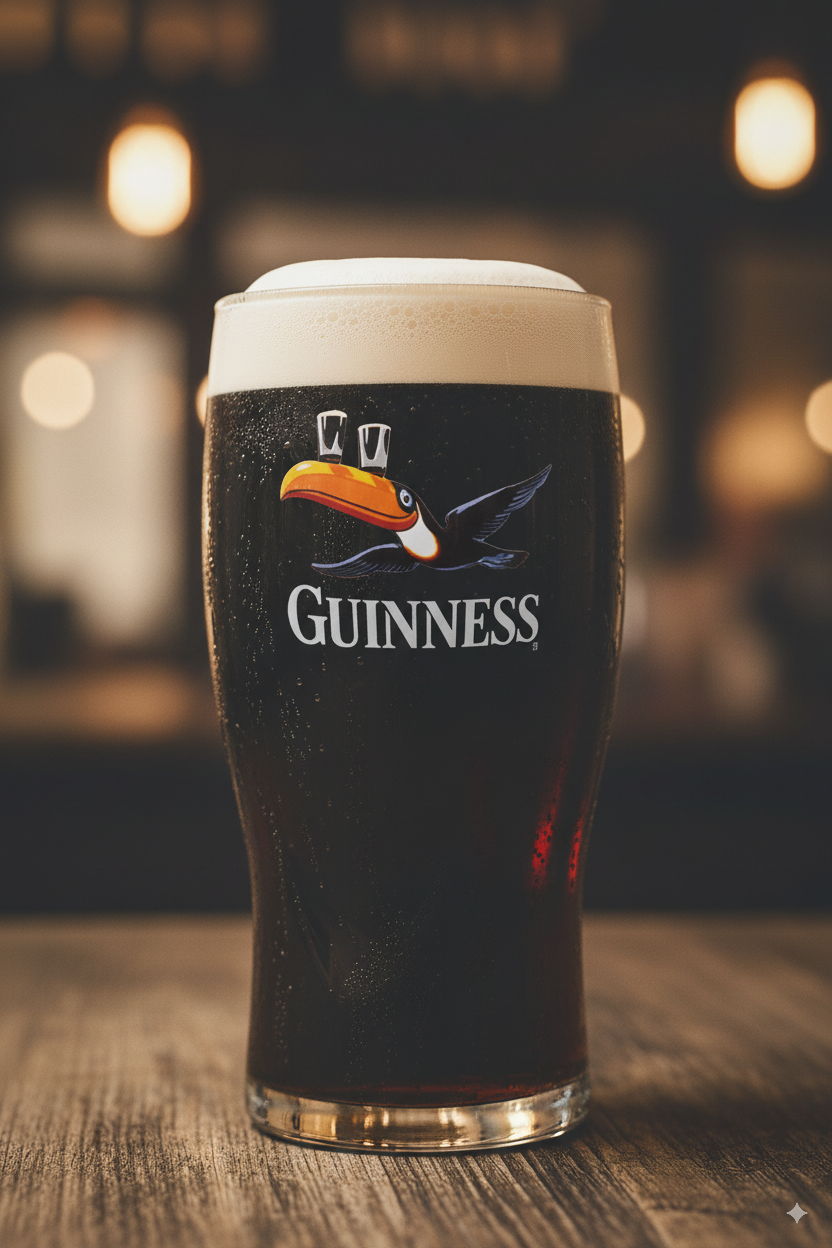 Guinness beer glass filled,  with a blurred bar background 