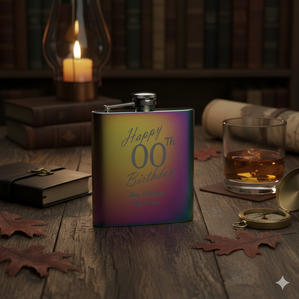 Engraved PERSONALISED RAINBOW HIP FLASK with 'Happy Birthday' text on a wooden table with a glass of whisky and candle in the background.