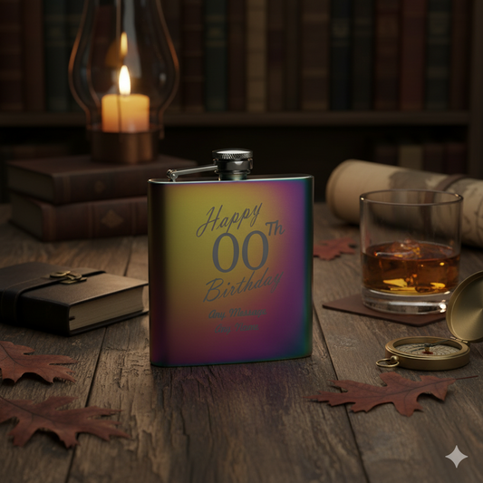 Engraved PERSONALISED RAINBOW HIP FLASK with 'Happy Birthday' text on a wooden table with a glass of whisky and candle in the background.