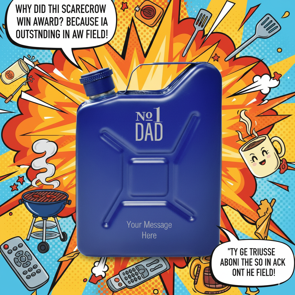 Personalised Blue jerry can hip flask 'No 1 Dad' container with a colourful, cartoonish background featuring various objects and text.