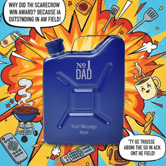 Personalised Blue jerry can hip flask 'No 1 Dad' container with a colourful, cartoonish background featuring various objects and text.