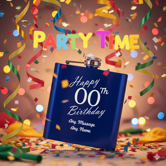 Engraved Blue hip flask with 'Happy 00th Birthday' text against a festive background with confetti and ribbons.