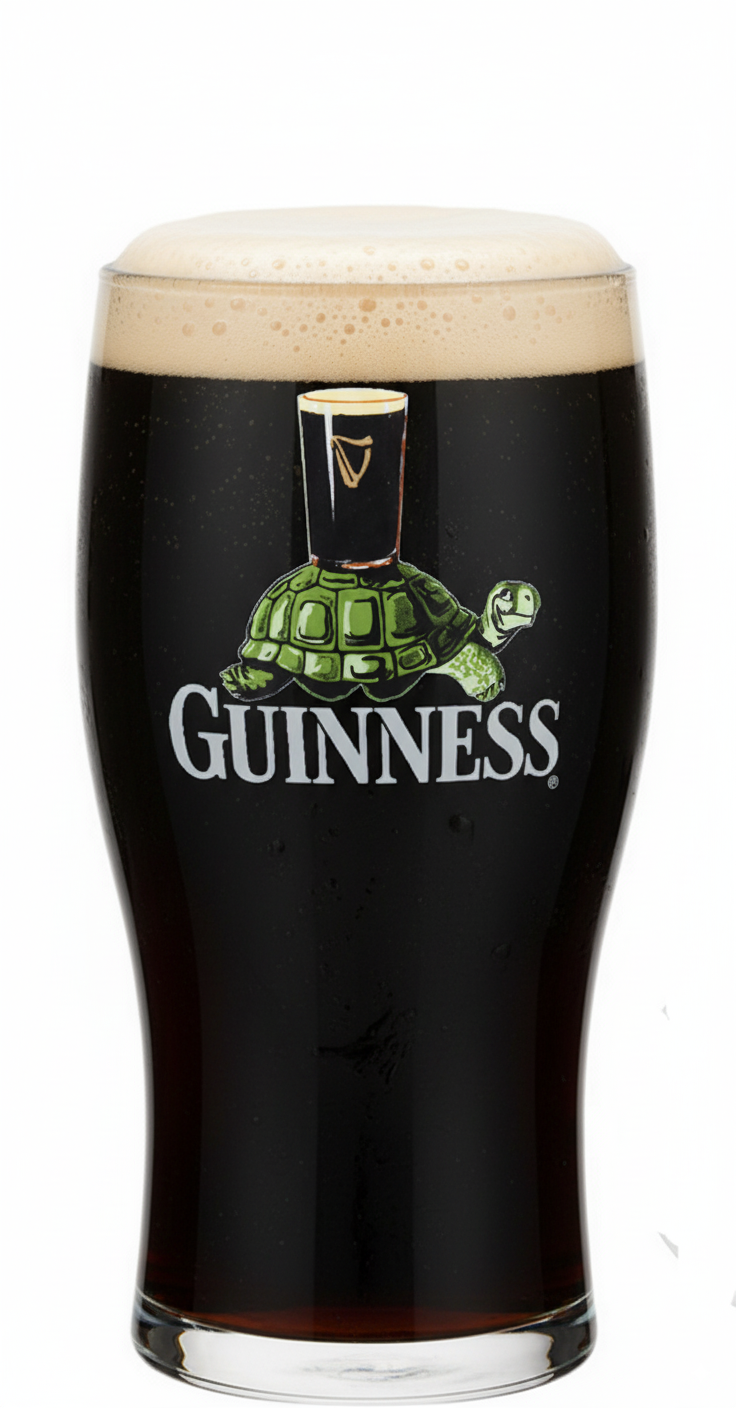 Guinness beer glass with tortoise logo on a white background
