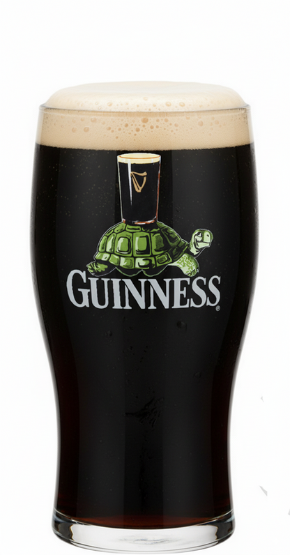 Guinness beer glass with tortoise logo on a white background