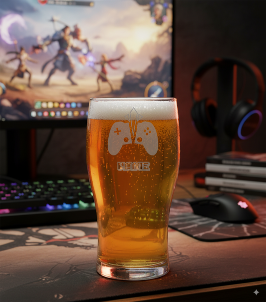 personalised name, pint glass of beer with a gaming controller design on a desk with a computer setup in the background.