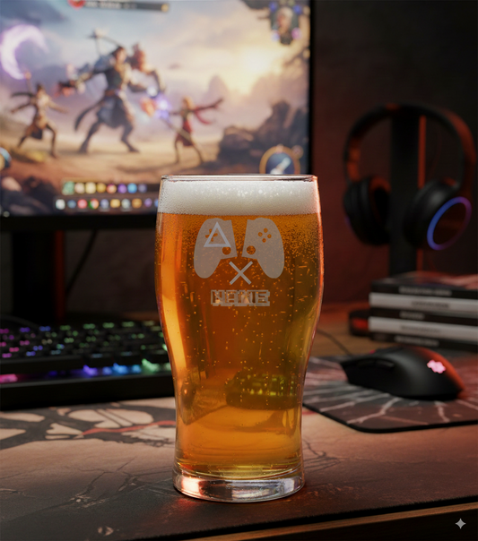 Pint Glass of beer with a gaming setup in the background personalised with name