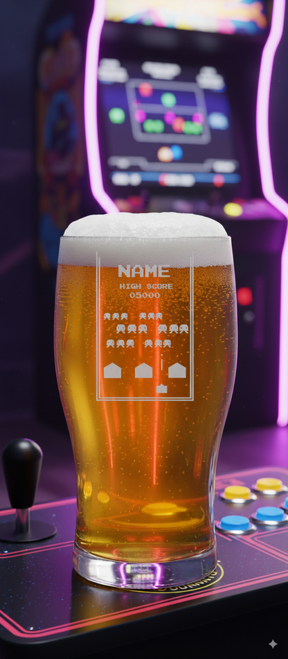 Engraved Pint Glass With Name Retro Space Arcade Game, Gift Boxed, Personalise with any name for any gamer