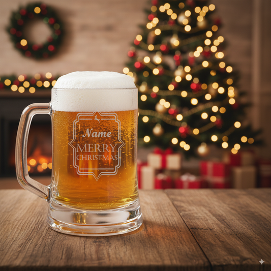 Pint Glass mug of beer with 'Merry Christmas' text personalise with name on a wooden table with a festive background.