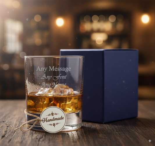 Handmade Personalized whiskey glass with ice cubes and a blue gift box on a wooden surface.