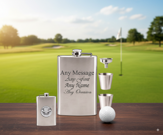golf theme hip flask personalise two shot cups with golf course backdrop