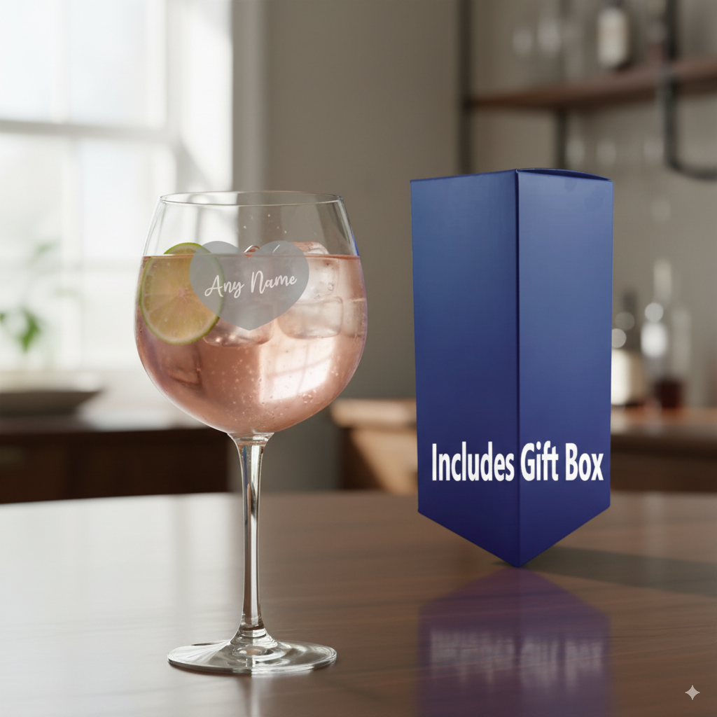 Personalised Heart Gin glass with a drink 'Includes Gift Box' on a table.