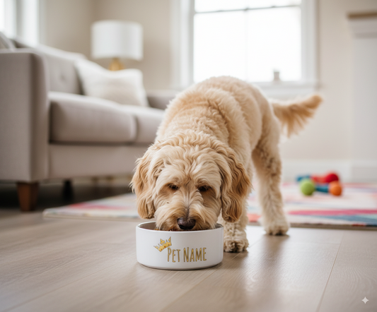 Cockapoo eating from  Personalised  name Dog Bowl with Crown Design 