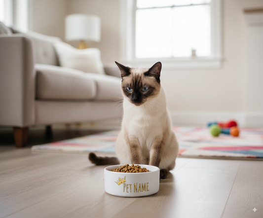 Siamese Cat sitting next to a  white bowl with  PERSONALISE 'PET NAME'  and a crown  image. text in a living room.