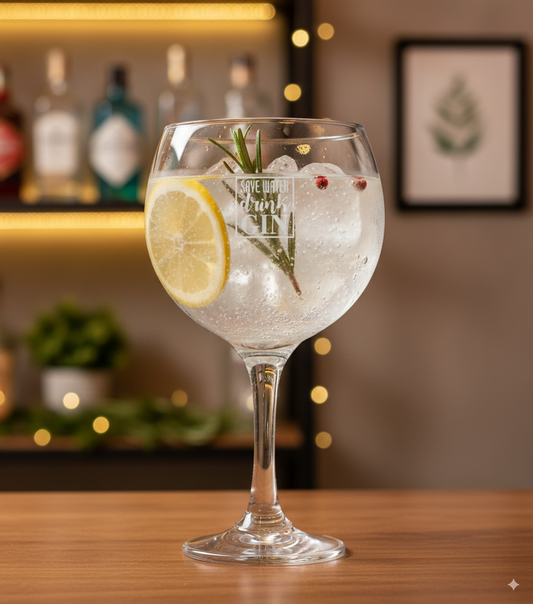 save water drink gin engraved glass with drink and lemon slice on a bar