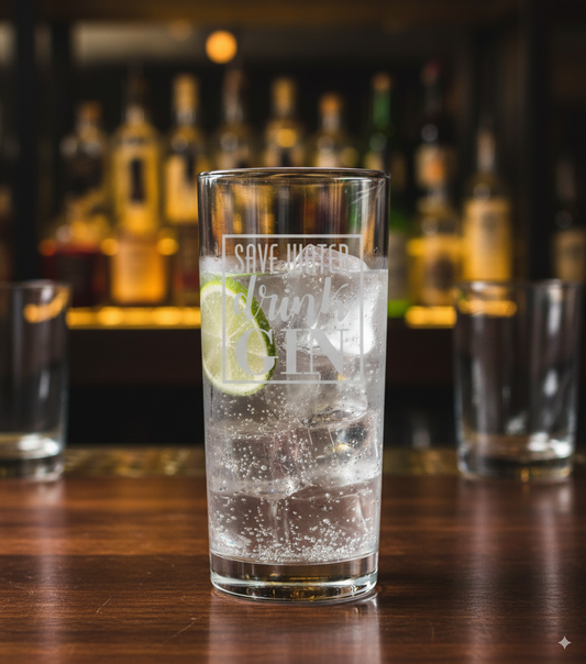 Hiball gin  glass  engraved save water drink gin with a drink and lime wedge on a bar counter with blurred bottles in the background 
