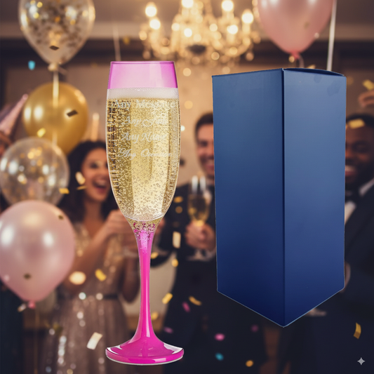 Personalised pink champagne flute with drink in, party theme background, showing the blue gift box   