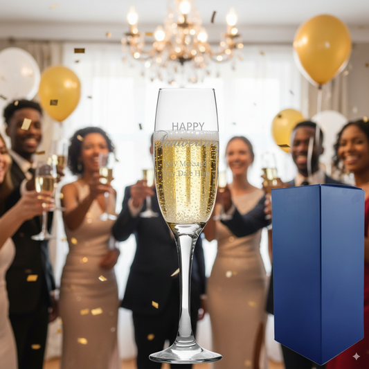 Engraved personalised gift anniversary champagne flute with champagne and celebration theme background, showing the blue gift box