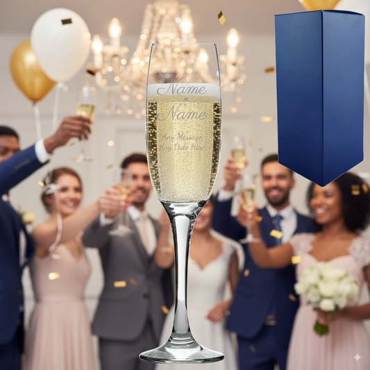 Personalized wedding champagne flute with a blurred background of a wedding celebration with people and balloons.