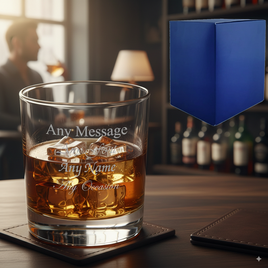 Engraved Islande Whiskey Glass, 10.14oz/300ml, Any Message WITH WHISKY AND ICE STANDING ON A BAR