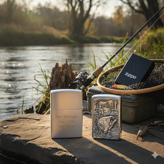 Personalised Engraved Fishing Official Zippo Windproof Lighter on a rock by a river with fishing equipment.