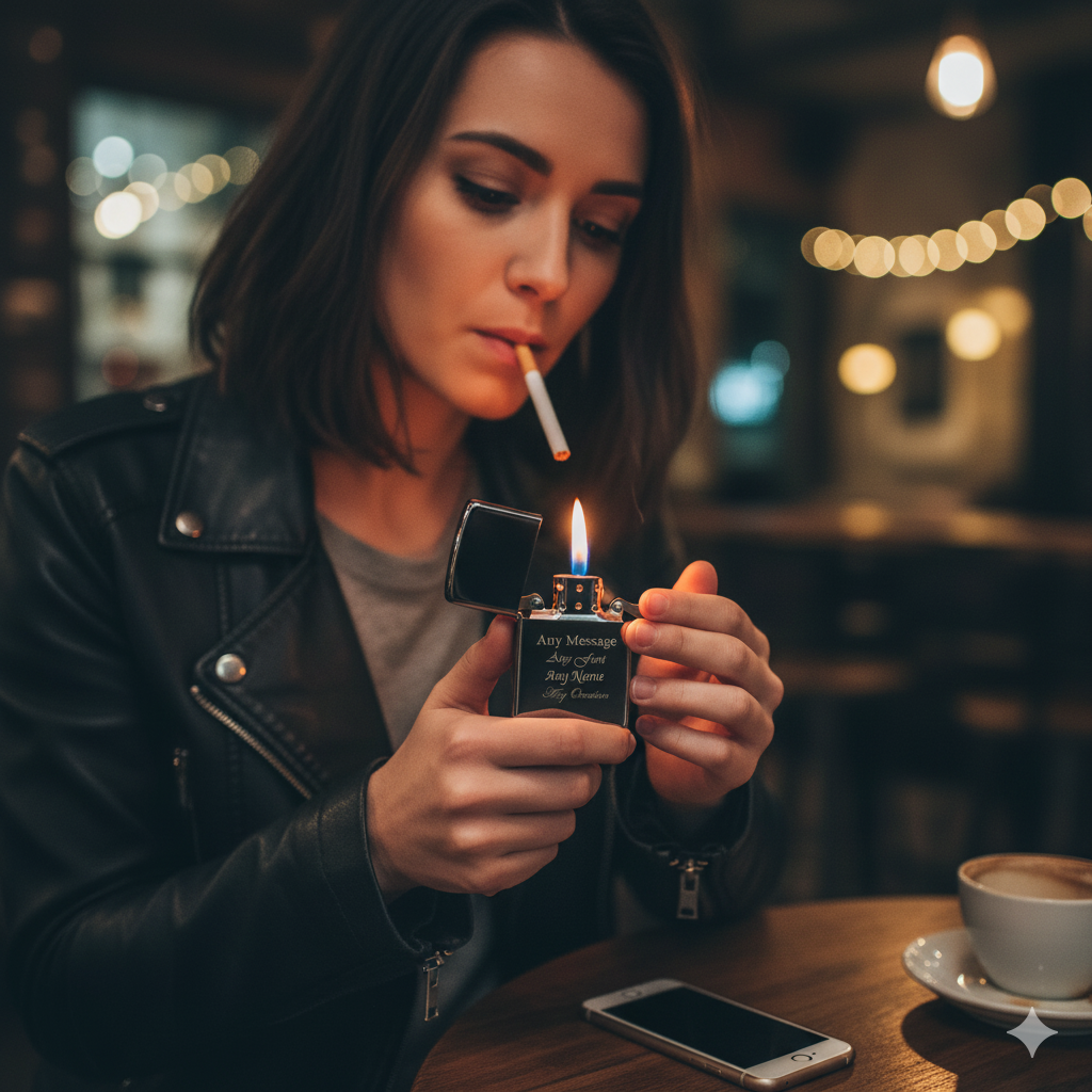 Woman lighting a cigarette with a black personalised gift zippo lighter in a dimly lit café.
