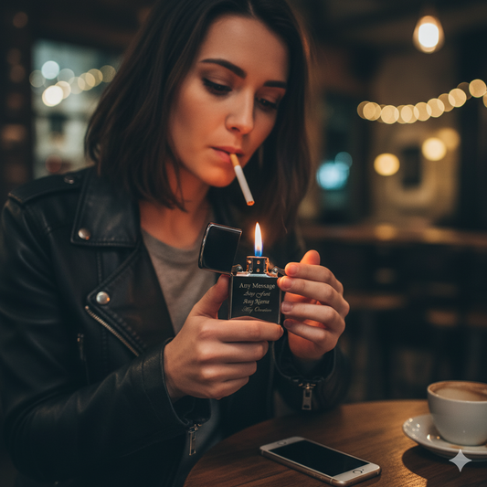 Woman lighting a cigarette with a black personalised gift zippo lighter in a dimly lit café.