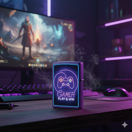 Engraved personalised gift, Gaming-themed Zippo lighter on, a desk with a computer screen displaying a video game in the background