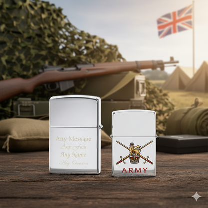 Engraved British Army Official Zippo Windproof Lighter on   a wooden surface with military-themed background including Union Jack flying