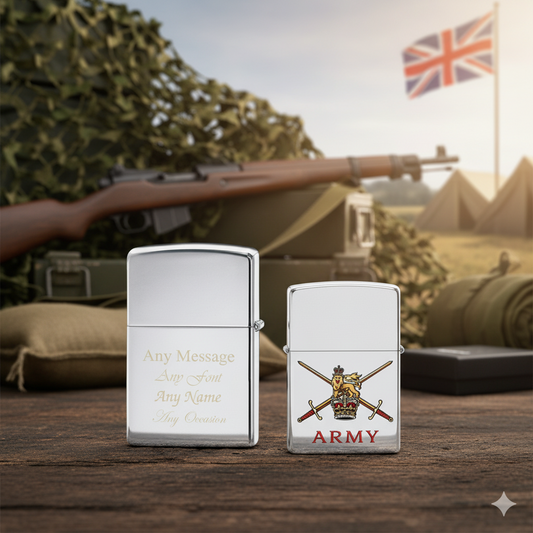 Engraved British Army Official Zippo Windproof Lighter on   a wooden surface with military-themed background including Union Jack flying